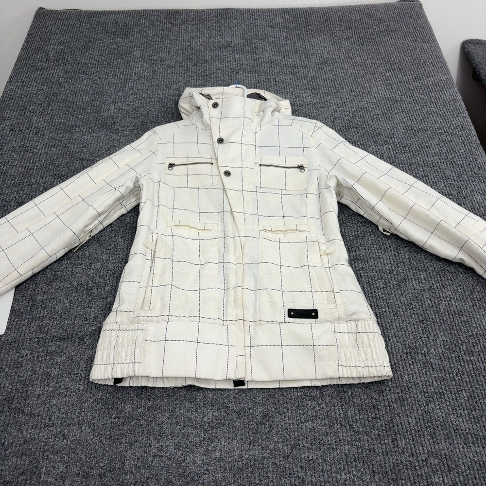 Burton Jacket Womens M White Polyester Plaid Hooded Dryride Snowboard Gorpcore
